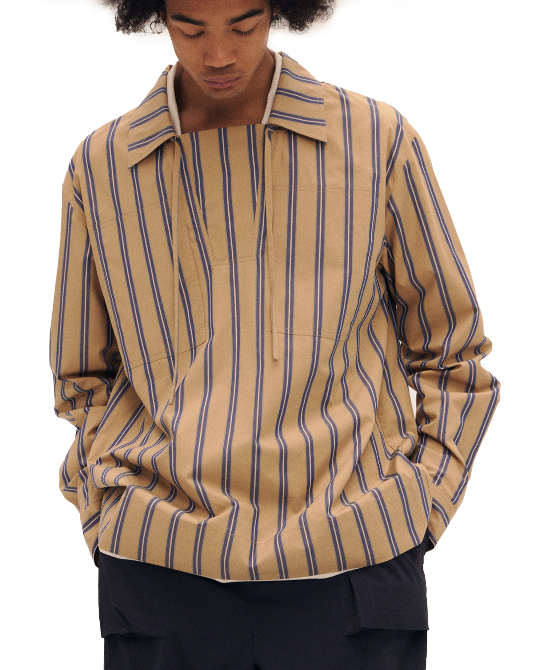 Drawstring Long Sleeve Shirt Stripe