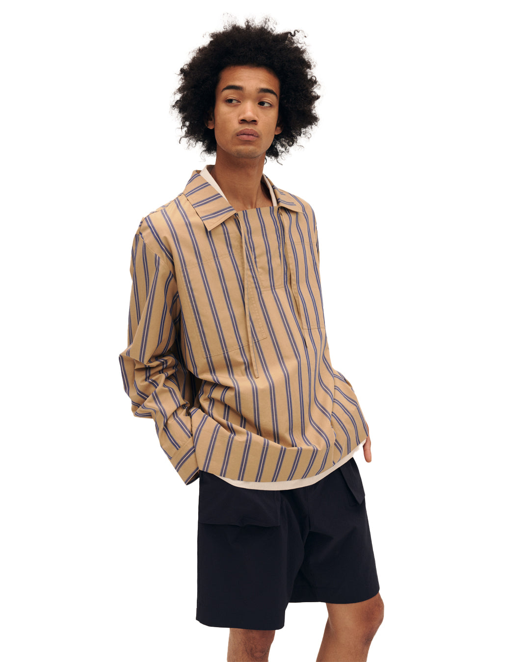 Drawstring Long Sleeve Shirt Stripe